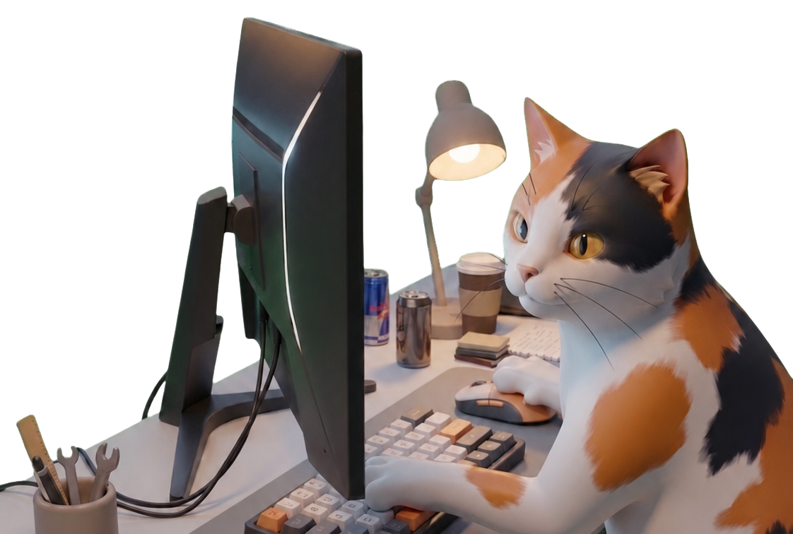 Bilgisayar başında oyun geliştiren çizgi kedi
